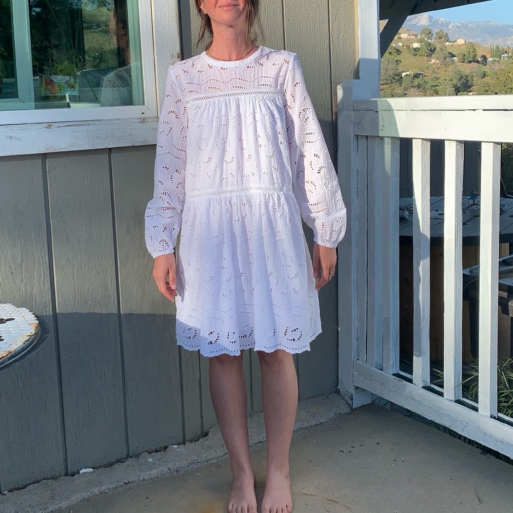 Loft 100% cotton guipur eyelet pure white tiered dress